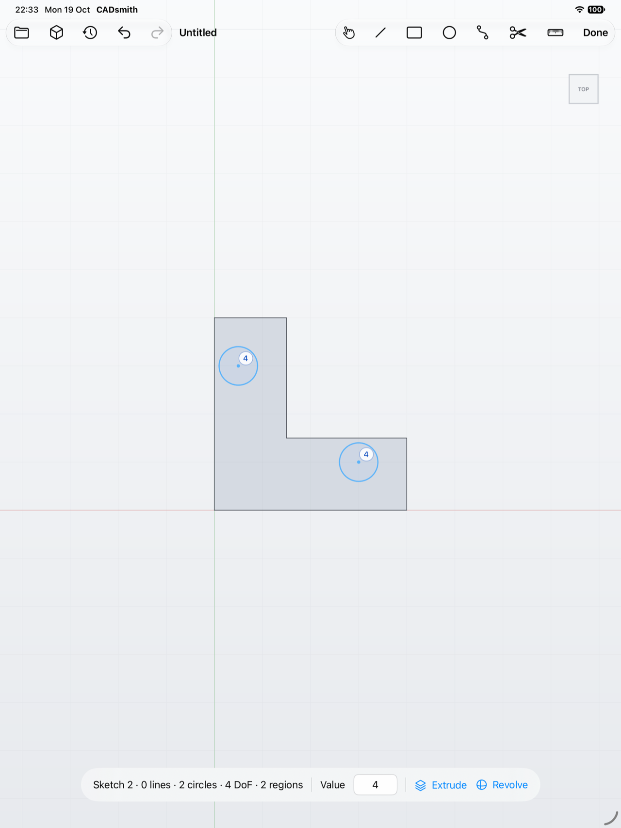 A CADsmith sketch of an L-shaped profile with two 4 mm holes and the sketch toolbar