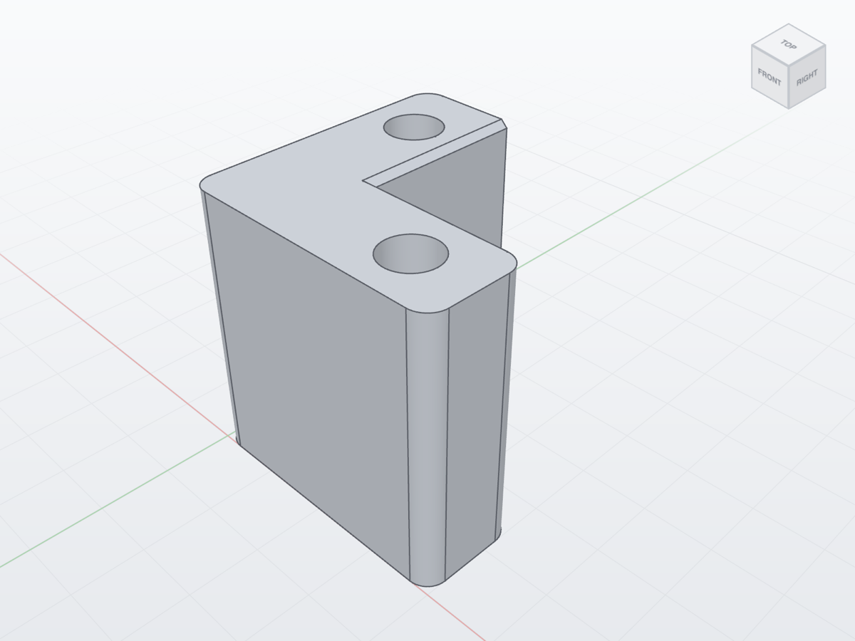 An L-shaped bracket with two bored holes and rounded corners, rendered by CADsmith