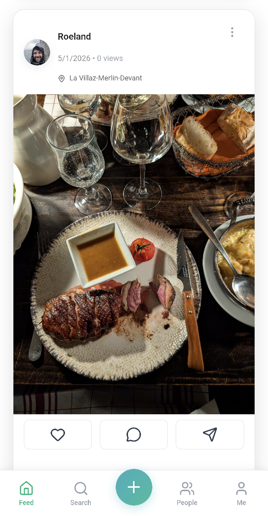 Foodie app showing a restaurant meal post with social features