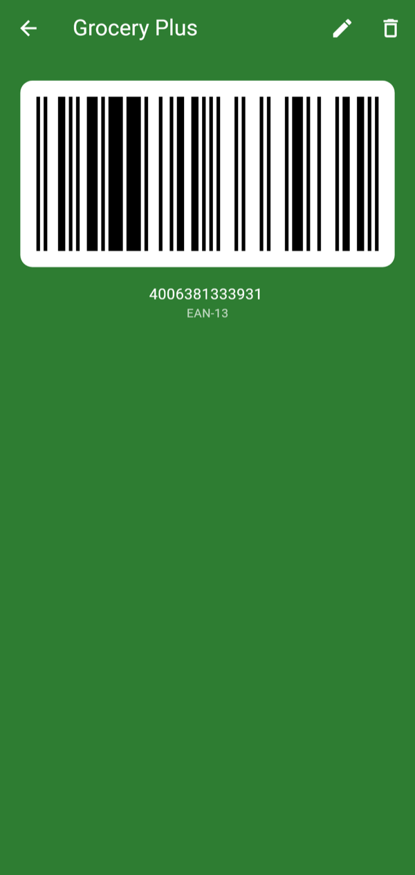 A loyalty card in FOSSPass showing its barcode on a white panel
