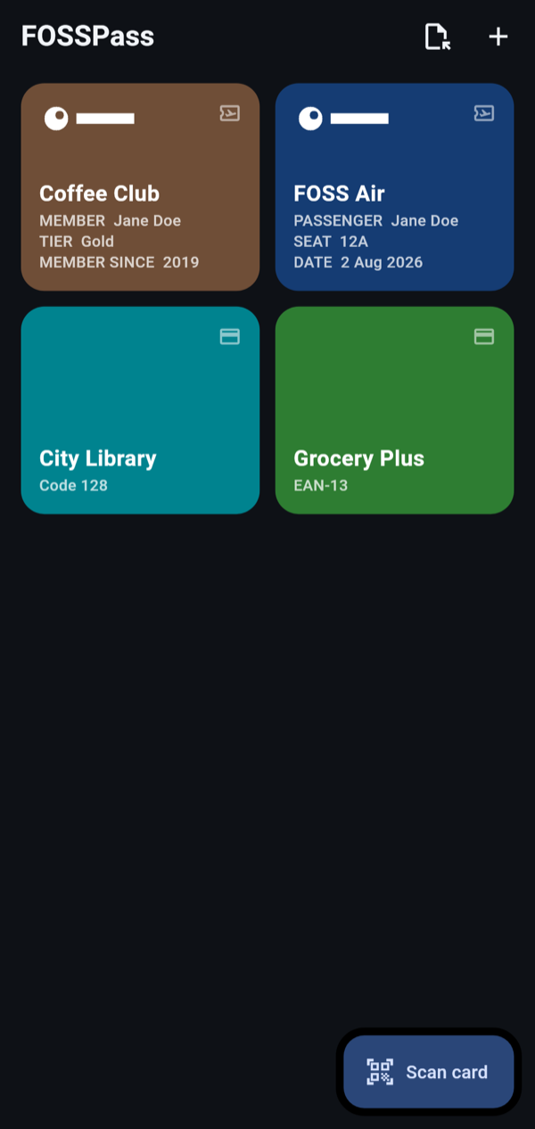 FOSSPass home screen with four cards: Coffee Club, FOSS Air, City Library and Grocery Plus