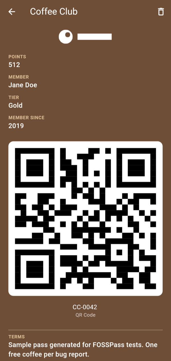 A Coffee Club pass in FOSSPass showing member details and a QR code