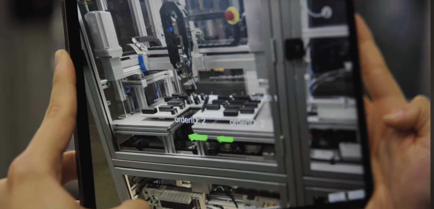 Industrial augmented reality application showing digital overlay for manufacturing and assembly guidance